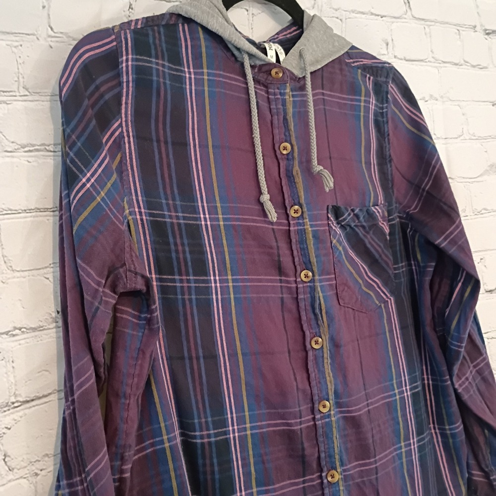 Womens MUDD Button Down Flannel Shirt With Hood Size Medium Purple Gray Y2K - Picture 3 of 6